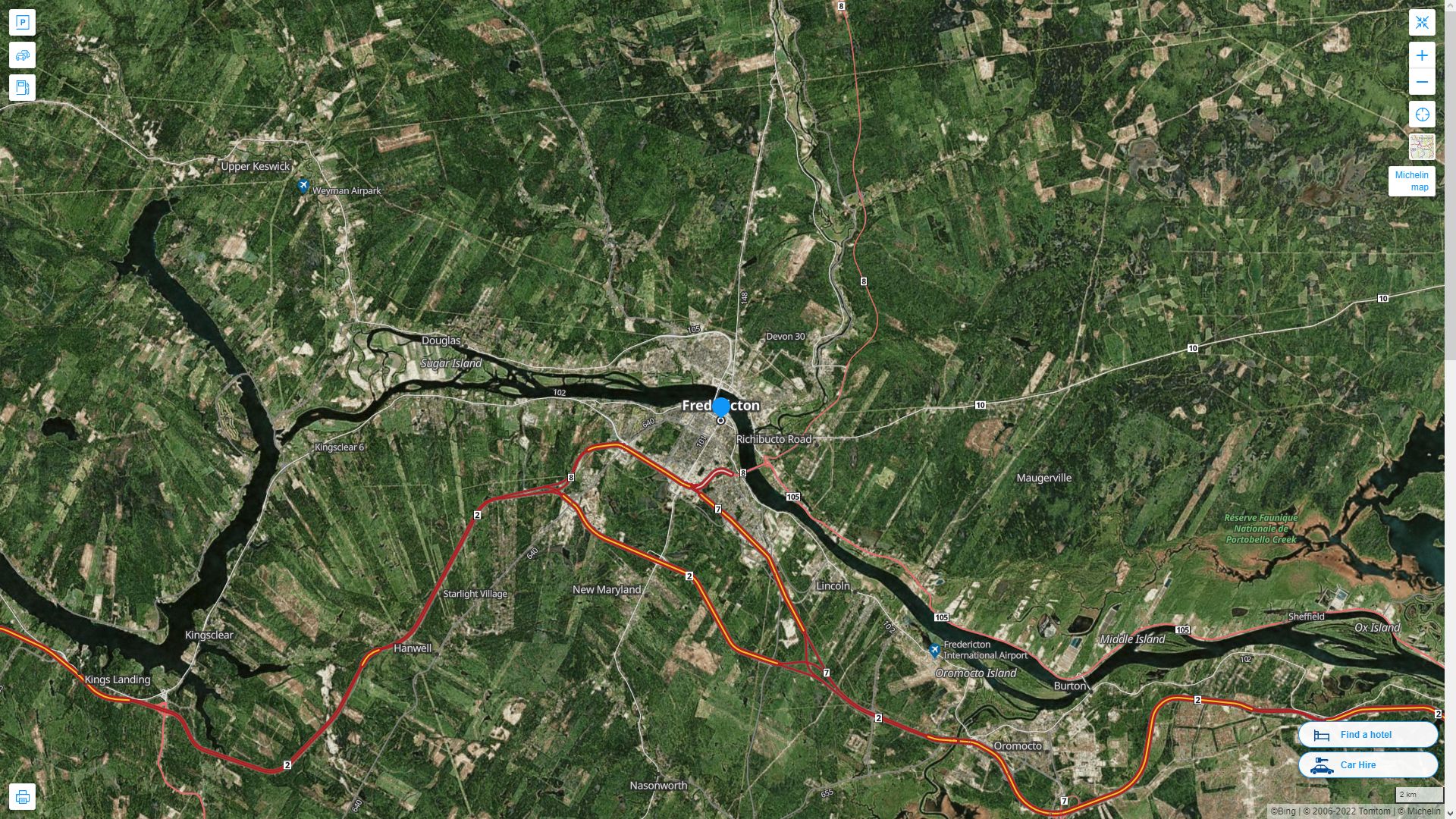 Fredericton Canada Autoroute et carte routiere avec vue satellite